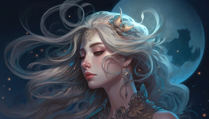 Magic Fantasy Goddess Woman Portrait Digital Generated Colorful Illustration Artwork Background
