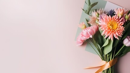 A bouquet of flowers with a tag, for Mothers Day, Birthday, Valentine's Day, romantic gift. Web banner with copy space