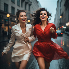 Cheerful friends in fashionable clothing run through a lively city street. - 635634828
