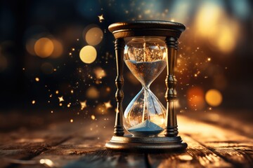 Vintage hourglass representing the concept of time and pacing, slow, sands of time, bokeh, depth of field, magic. Generative AI