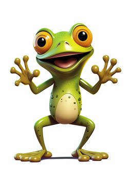 a cute 3D render of a frog on standing on a white background