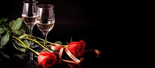 Composition of roses and glasses on black background - obrazy, fototapety, plakaty