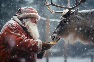 Santa Claus feeding a reindeer, snowflakes fall during a winter snowy day ahead of the celebration of Christmas