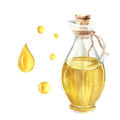Olive oil in glass jug and oil drops. Hand drawn watercolor illustration on a white background. For menu, product and italian, greek, spanish cuisine design