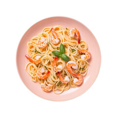 Shrimp pasta on a blue plate in May in Dubai UAE