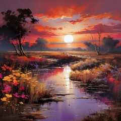 An artist captures the vibrant sunset on a picturesque landscape.