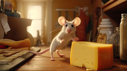 Mouse runs across the kitchen floor, seeking cheese.