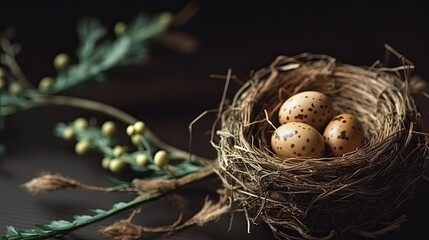A small birds nest with eggs. Web banner with copy space