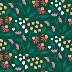 cute gentle soft yellow pink red purple white flowers floral seamless repeat pattern paper vector botanical on green background 