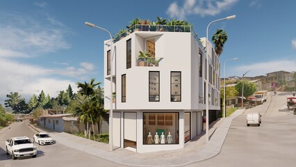 4-story multi-family building, with a minimalist facade in the style of Big buildings, the immediate context is urban rural, with lots of vegetation and a minimalist and boho chic style architecture, 