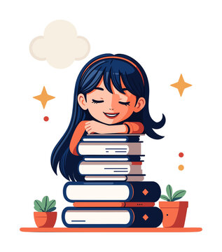 A girl dreaming, resting her face on her hand that rests on a stack of books. Education concept. Back to school. Vector illustration