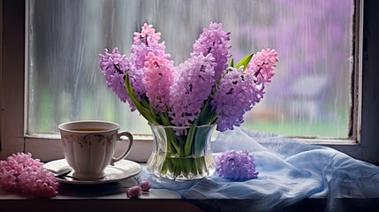 Bouquet of Blooming Hyacinths and Cup of Tea