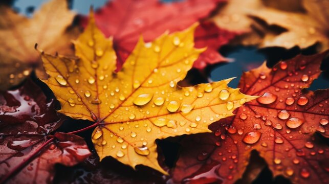 Beautiful colorful original background images of autumn rainy nature with orange leaves for creative work, wallpaper.