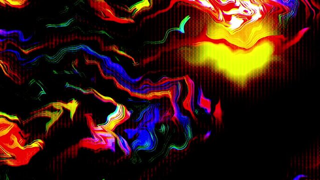 Transforming neon shapes with trippy error problems, vivid stripes and fuzzy fluid shapes with glitch pixel sorter effect. Visual video effects flicker psychedelic techno rave trippy festival disco