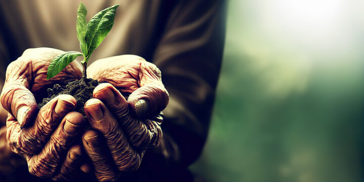 Old wrinkled hands holding a small plant