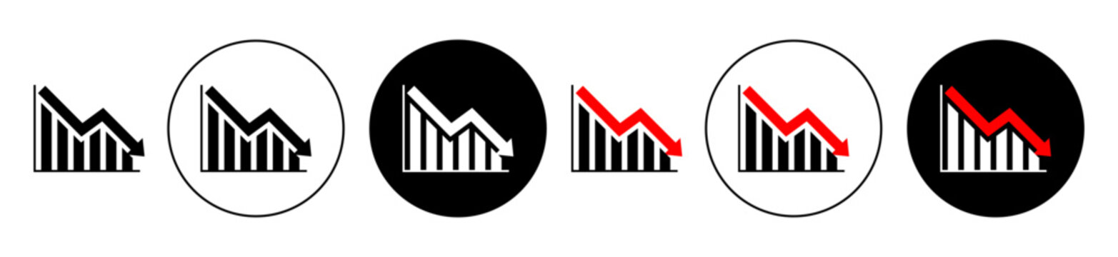 Loss Bar Chart vector Icon set. decline or reduce company profit graph symbol. Down stock market icon. decrease in yearly sales sign in black and red color. downward demand trend symbol.