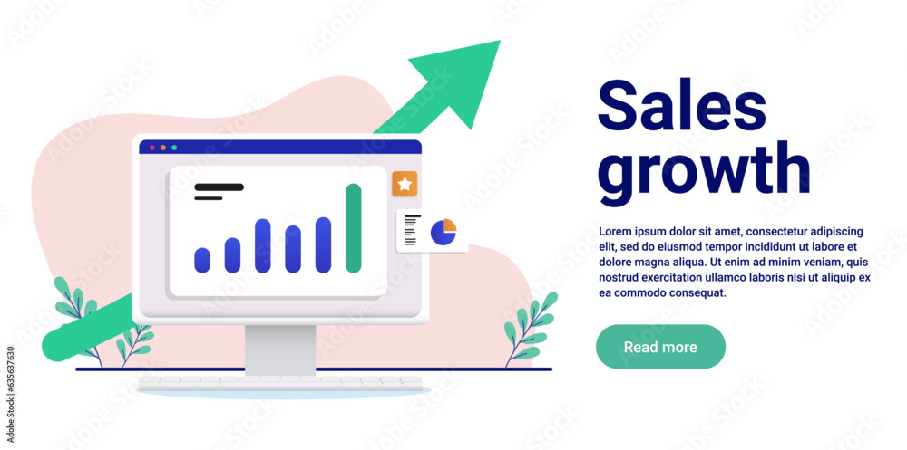 Poster sales growth banner - vector illustration of computer with rising chart and green arrow pointing upw