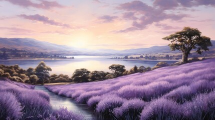 lavender field with a lake scenery. Generative AI