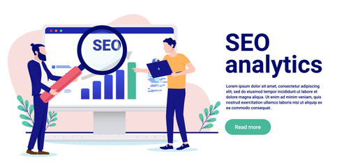 SEO analytics banner illustration - Two people working on search engine optimisation research on computer with magnifying glass. Flat design with white background and copy space for text