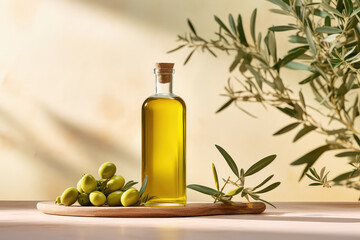 Commercial photography, glass bottle of olive oil with olive branch isolated on flat color wall background with copy space.