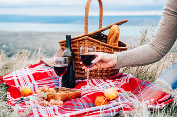 Autumn outdoor picnic set. A bottle of red wine, two wine glasses, checked plaid, grape, apple and...