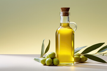 Commercial photography, glass bottle of olive oil with olive branch isolated on flat color wall background with copy space.