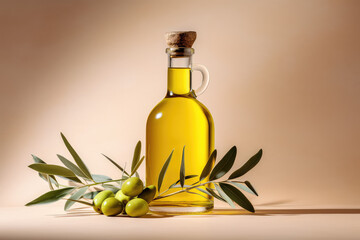 Commercial photography, glass bottle of olive oil with olive branch isolated on flat color wall background with copy space.