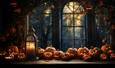 Halloween, sinister pumpkin lanterns on a blurred background.