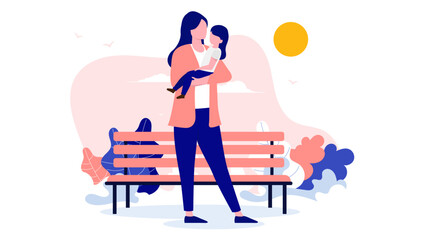 Mother and daughter vector - Illustration of parent holding child in arms outdoors in park. Flat design vector illustration graphic with white background