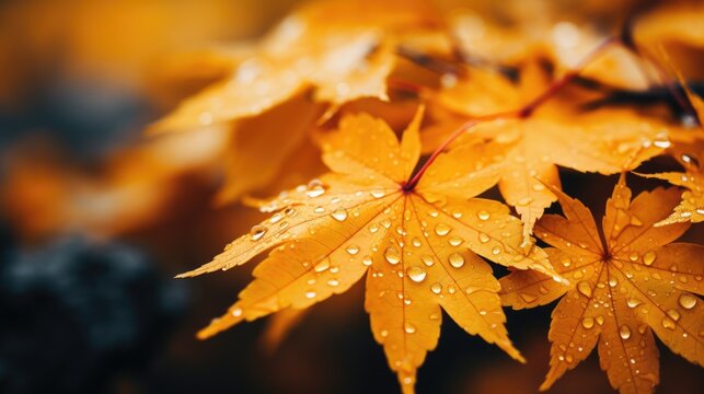 Beautiful colorful original background images of autumn rainy nature with orange leaves for creative work, wallpaper.