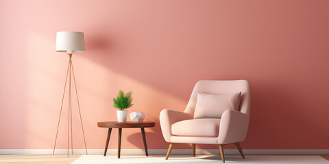 Living room interior mockup in warm tones with armchair on empty light pink wall background. Pretty cute minimal style interior.