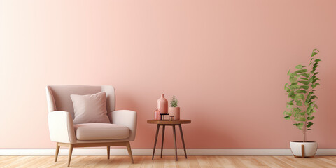 Living room interior mockup in warm tones with armchair on empty light pink wall background. Pretty cute minimal style interior.