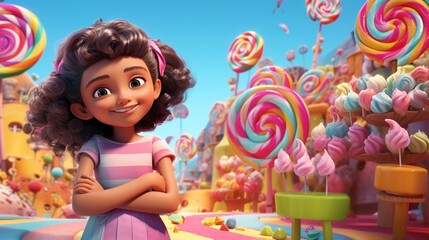 Little girl sorrounded by candies. Celebration content . 3d cartoon style
