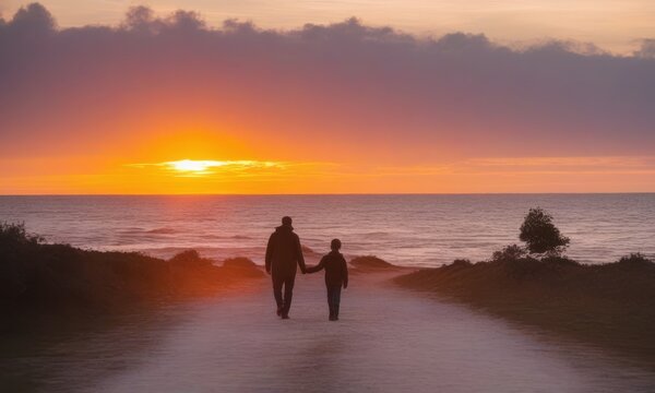Father and son walking in the sunset