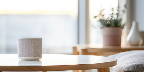 Minimalistic bluetooth speaker on a table in a living room, against a minimalist and light interior. Picture for catalog. - obrazy, fototapety, plakaty