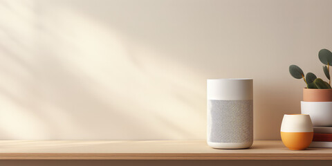 Minimalistic bluetooth speaker on a table in a living room, against a minimalist and light interior. Picture for catalog.