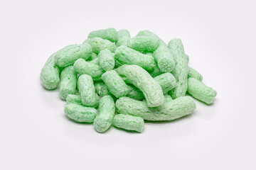 polyestro styrofoam flakes, biodegradable peanuts for packaging . isolated white background