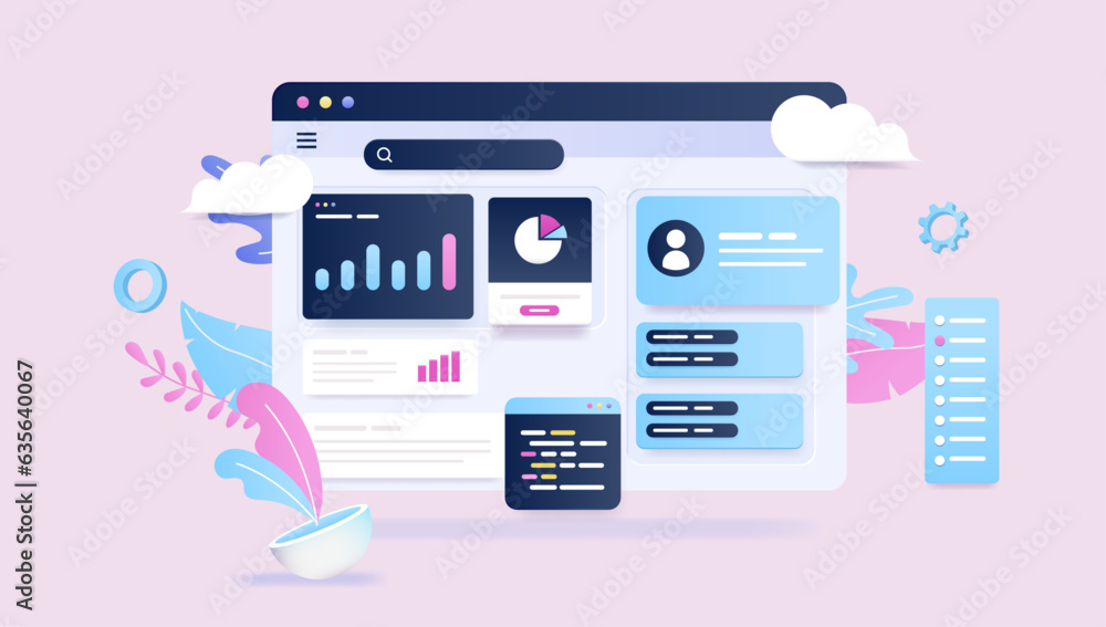 Poster statistics and data website - abstract vector illustration of browser window with financial graphs, 