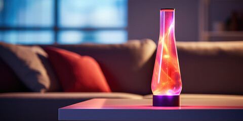 Minimalistic lava lamp on a table in a living room, against a minimalist and light interior. Picture for catalog. 