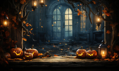 Obraz premium Halloween, sinister pumpkin lanterns on a blurred background.