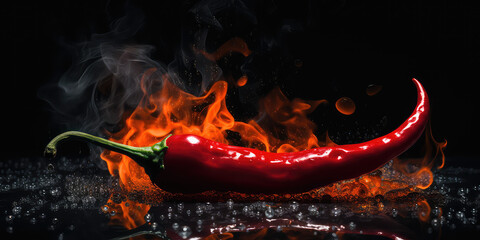 Red hot chilli pepper in fire on dark black background. Creative wallpaper with burning red pepper. 
