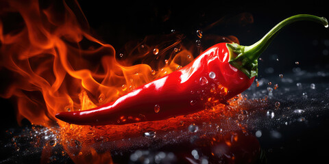 Red hot chilli pepper in fire on dark black background. Creative wallpaper with burning red pepper. 