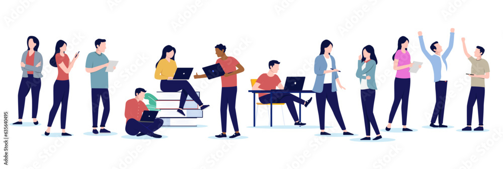 Poster vector office people working collection - set of various businesspeople with computers and devices s