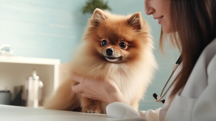 A veterinarian in a clinic looking at a dog