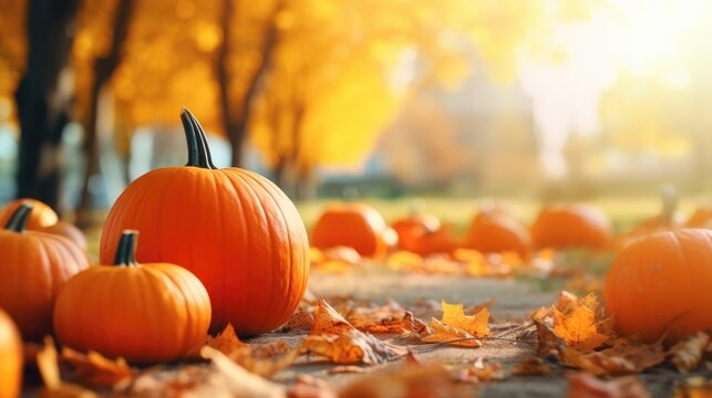 Defocused colorful bright autumn ultra wide panoramic background with blurry pumpkins and falling autumn leaves in the park. Generative AI