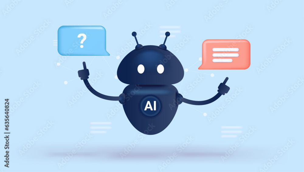 Poster Ai chat - Artificial intelligence robot character answering question and having conversation. Vector illustration