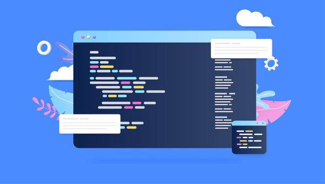 Development code - Abstract programming code language in web window with decorative floral design elements. Semi flat design on blue background
