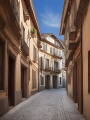 Fototapeta na wymiar a narrow street in an old european city, beautiful late afternoon, centered shot, generative ai