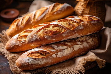 Fototapeta Traditional French bread on a table. French baguette. Artisan bakery.  obraz