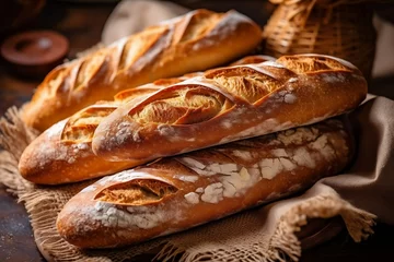 Gordijnen Traditional French bread on a table. French baguette. Artisan bakery.  © ArtisticAlchemy